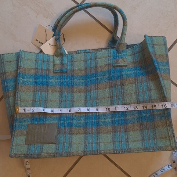 NWT Sandro Tartan Kasbah Wool Tote Blue And Green Large With Handles - Picture 10 of 16